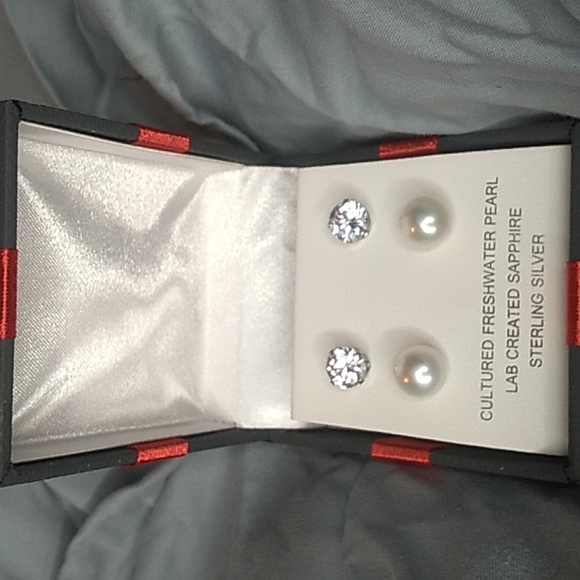 Source Unknown Jewelry - Cultured Freshwater Pearl and Sapphire earrings in sterling silver.